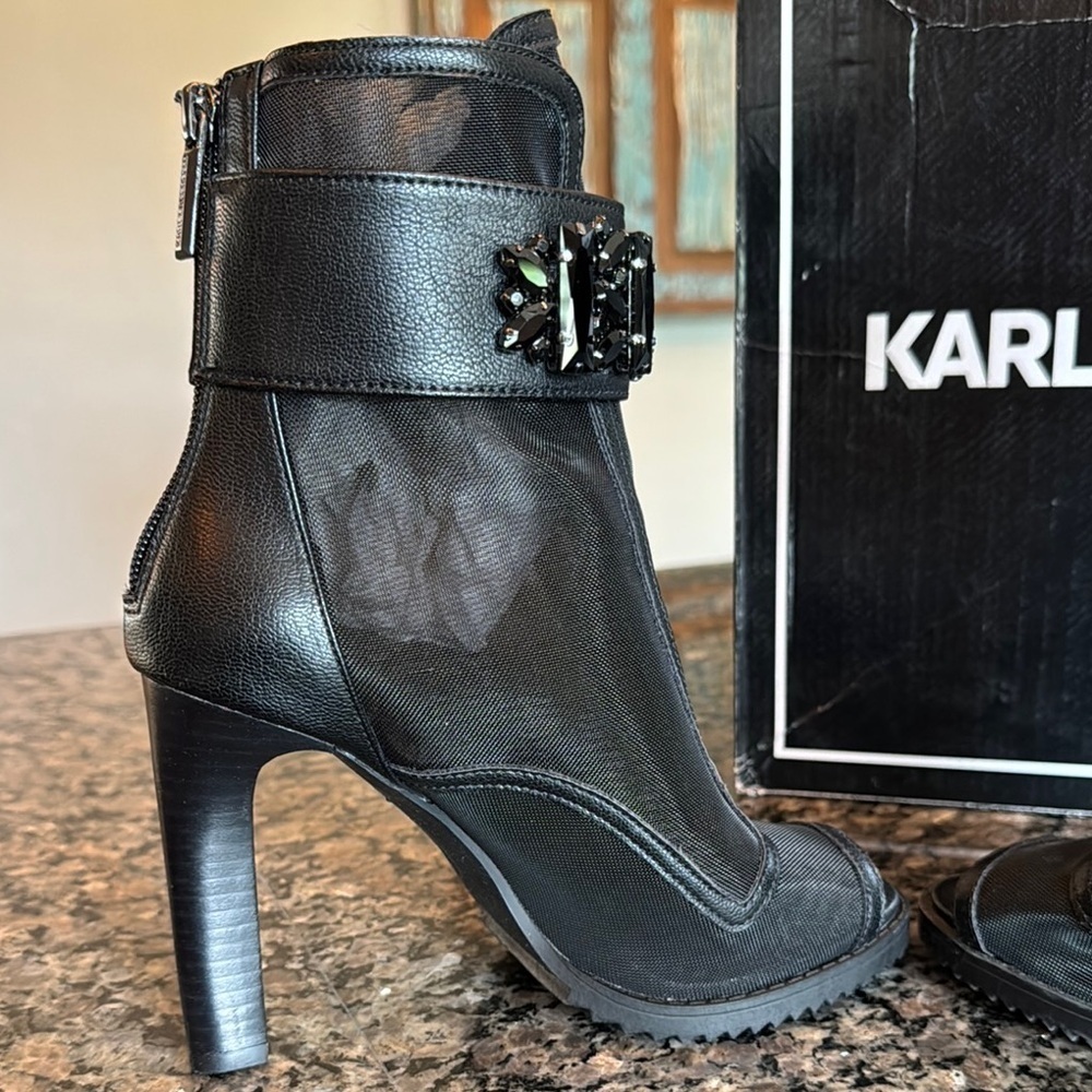 Karl Lagerfeld Black mesh Heeled Boots with Peep-Toe Design NWT 5.5 - Picture 10 of 16